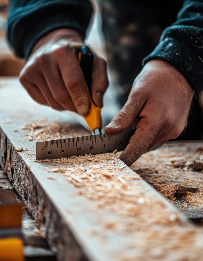 Artisan RCZ Aquitaine mesurant une pièce de bois pour des travaux de charpente